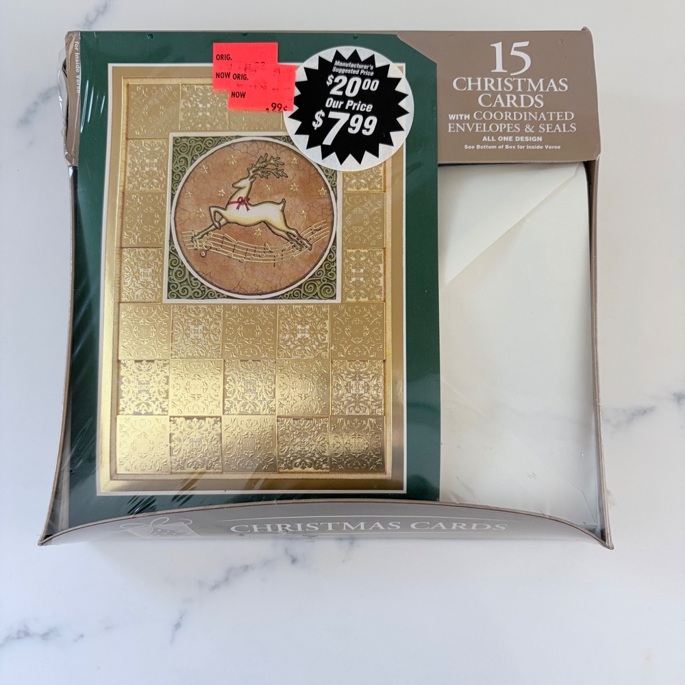 VNTG Paper Magic Group 15 Christmas Cards Gold Foil Reindeer Embossed Set sealed